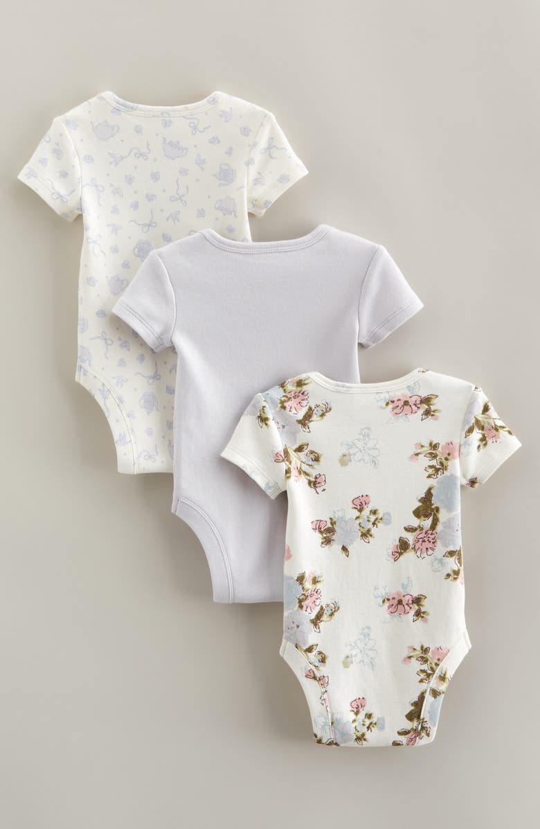 Nordstrom Assorted 3-Pack Bodysuits, Alternate, color, Purple- Ivory Floral Tea Set