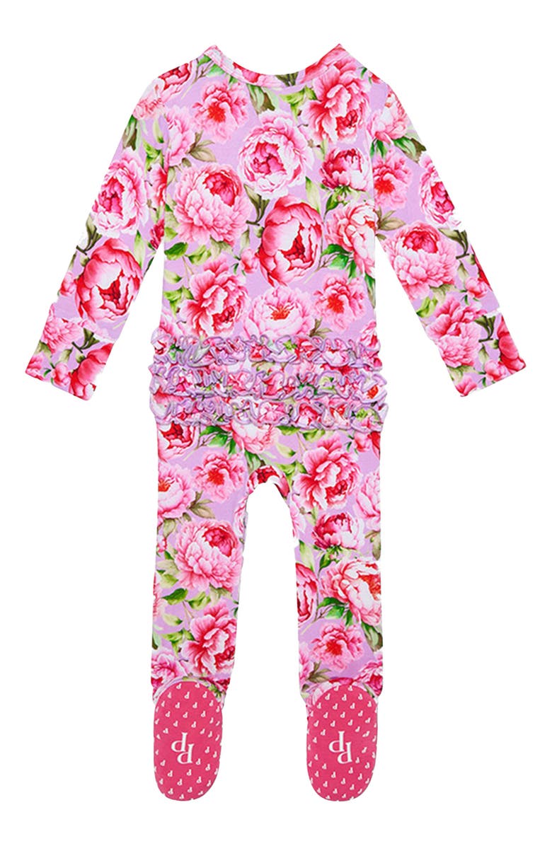 Posh Peanut Francoise Peony Print Ruffle Footie, Alternate, color, Purple