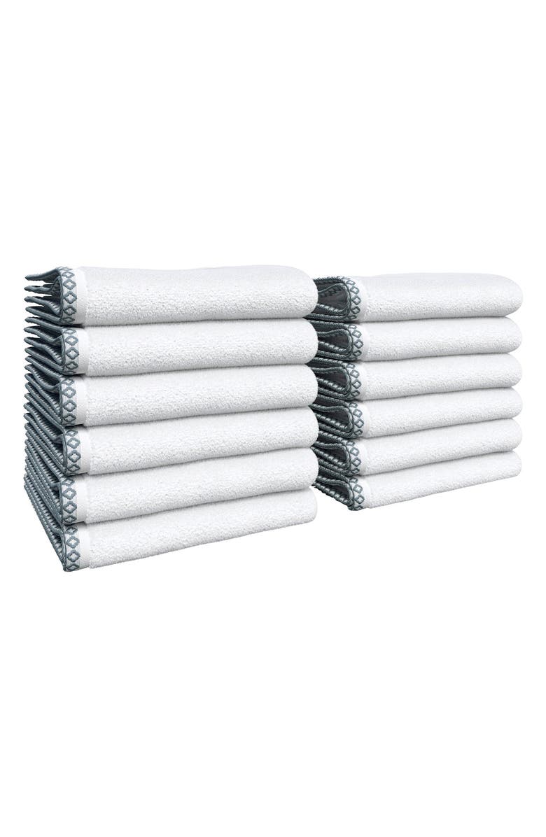 Woven & Weft Border Stitch 12-Pack Cotton Hand Towels, Main, color, White / Chambray Blue