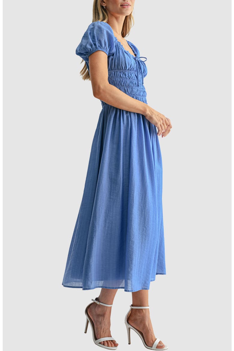 Puff Sleeve Shirred Midi Dress, Alternate, color, BLUE