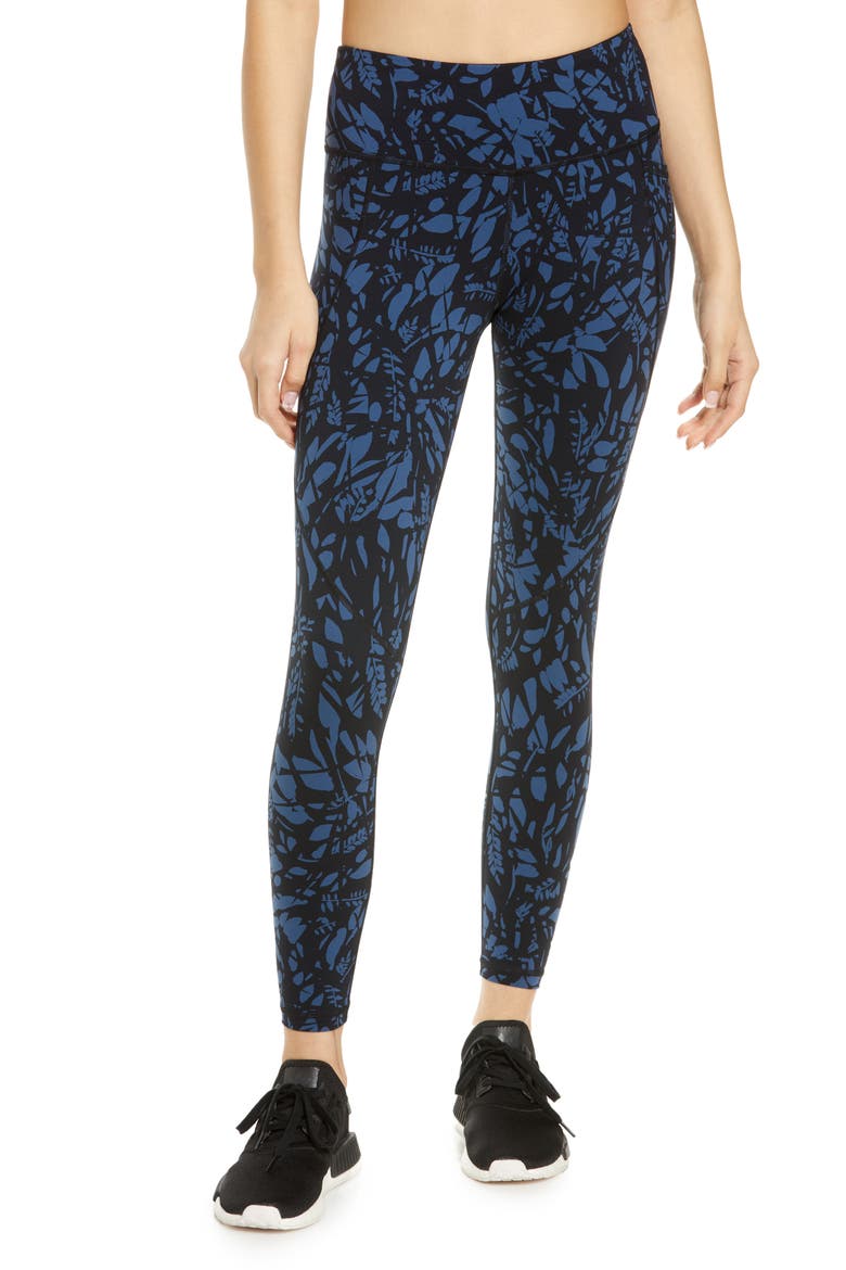 Power Pocket Workout Leggings, Main, color, BLUE LEAF SCATTER PRINT