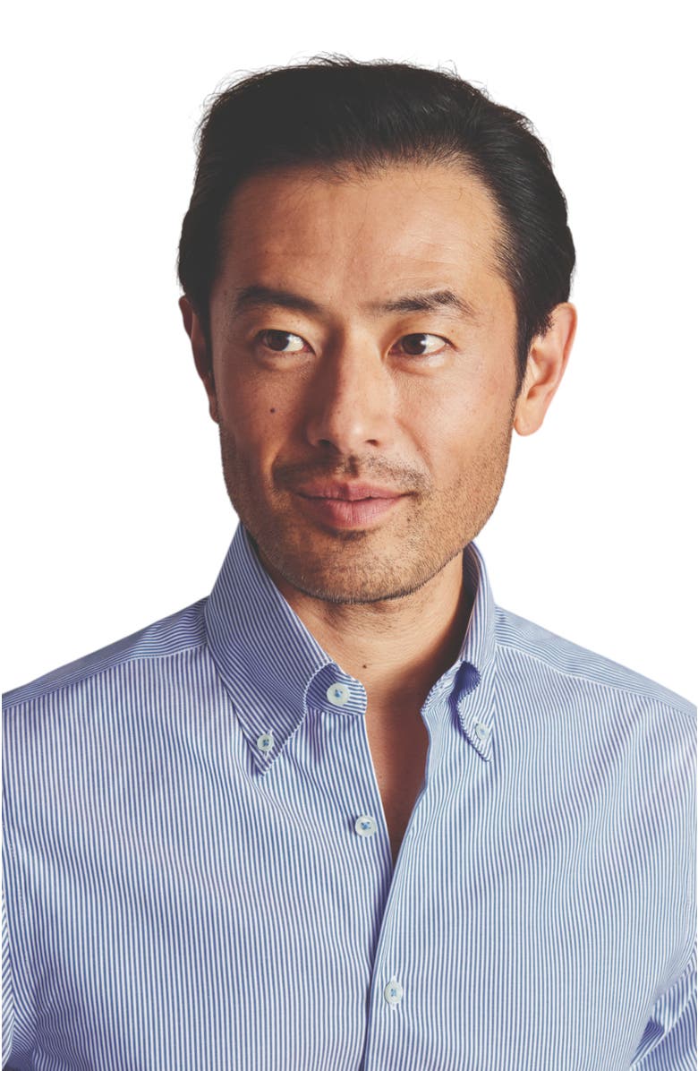 Charles Tyrwhitt Non-Iron Stretch Pinpoint Oxford Stripe Shirt, Alternate, color, Cobalt Blue