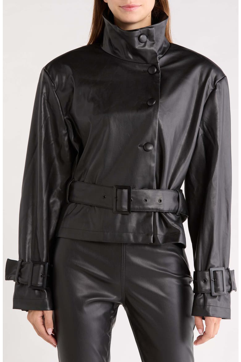 Scarlette Belted Faux Leather Jacket, Alternate, color, NOIR