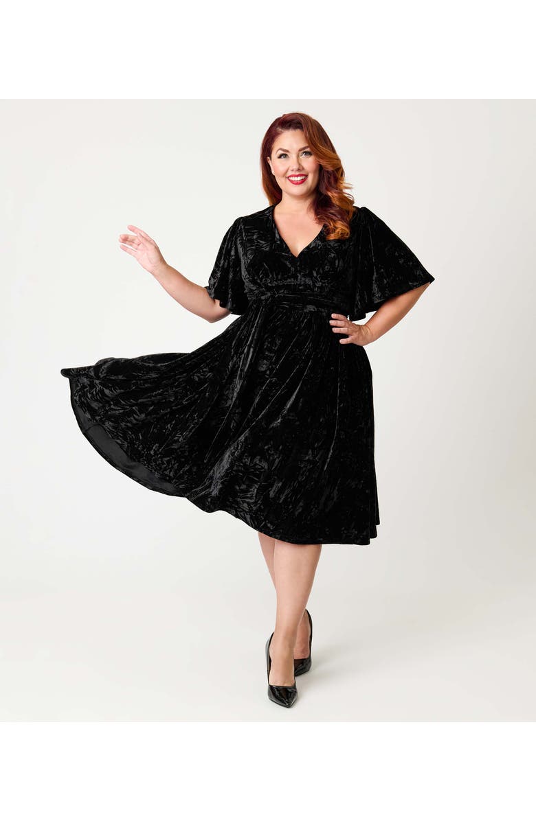 Unique Vintage Plus Size 1940s Velvet Flutter Sleeve Swing Dress, Main, color, Black Velvet