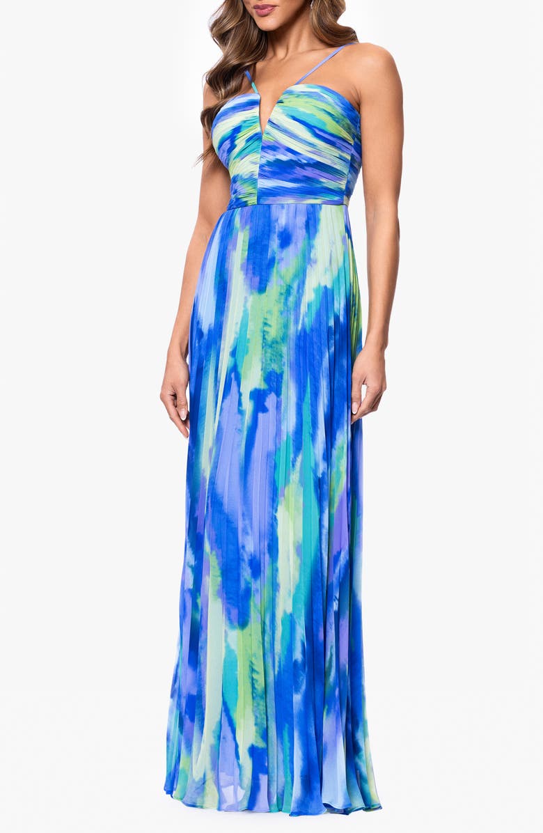 Xscape Evenings Print Pleated Gown, Alternate, color, Lime/ Blue