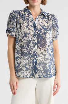 Adrianna Papell Patterned Pinch Sleeve Button-Up Shirt