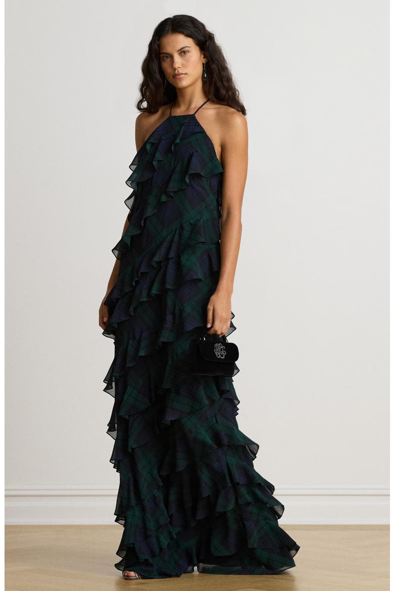 Plaid Ruffle Georgette Maxi Dress, Alternate, color, NAVY BLUE/ GREEN/ BLACK