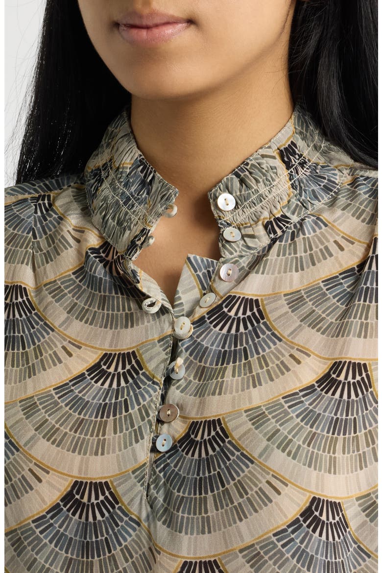 Print Smocked Cuff Long Sleeve Top, Alternate, color, GILDED CHARCOAL