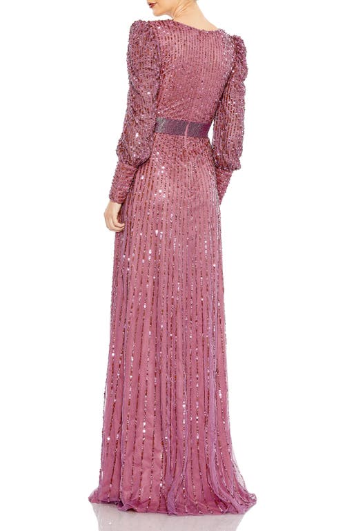 Mac Duggal Sequined Wrap Over Bishop Sleeve Gown In Mauve