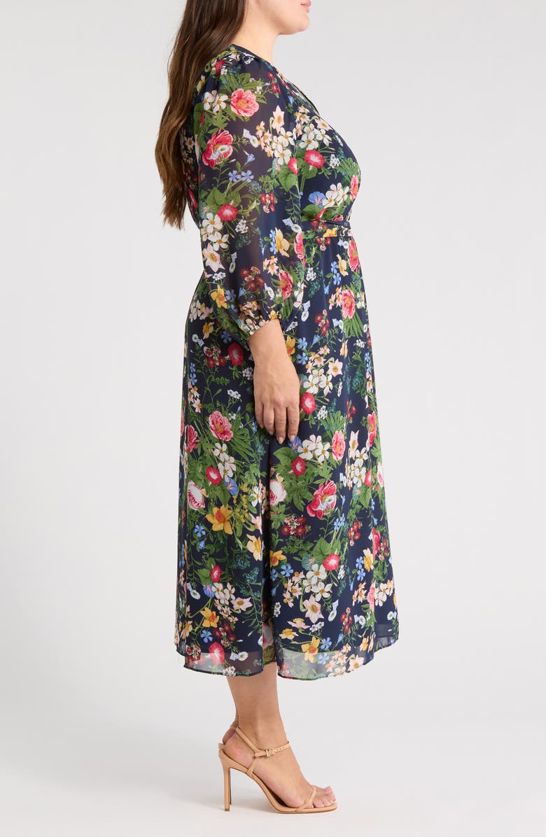 Anne Klein Floral Print Tie Waist Midi Dress, Alternate, color, Distant Mountain Multi