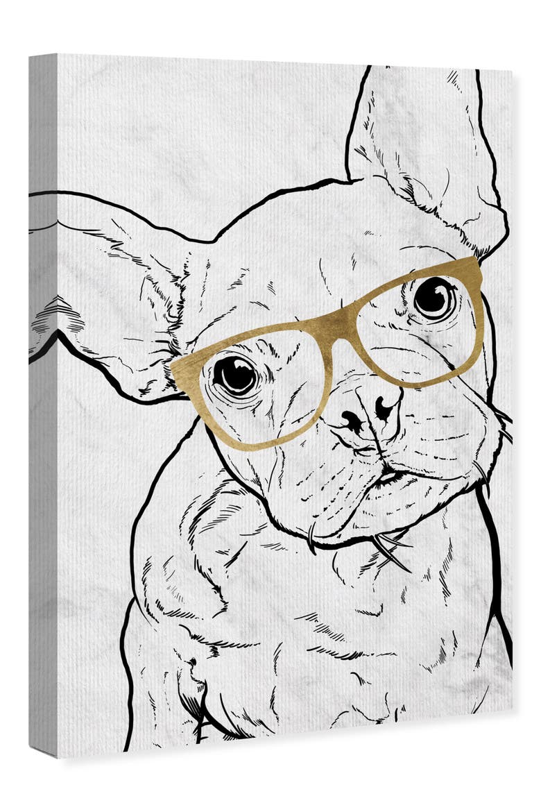 Frenchie with Gold Glasses Canvas Wall Art, Alternate, color, GREY WHITE