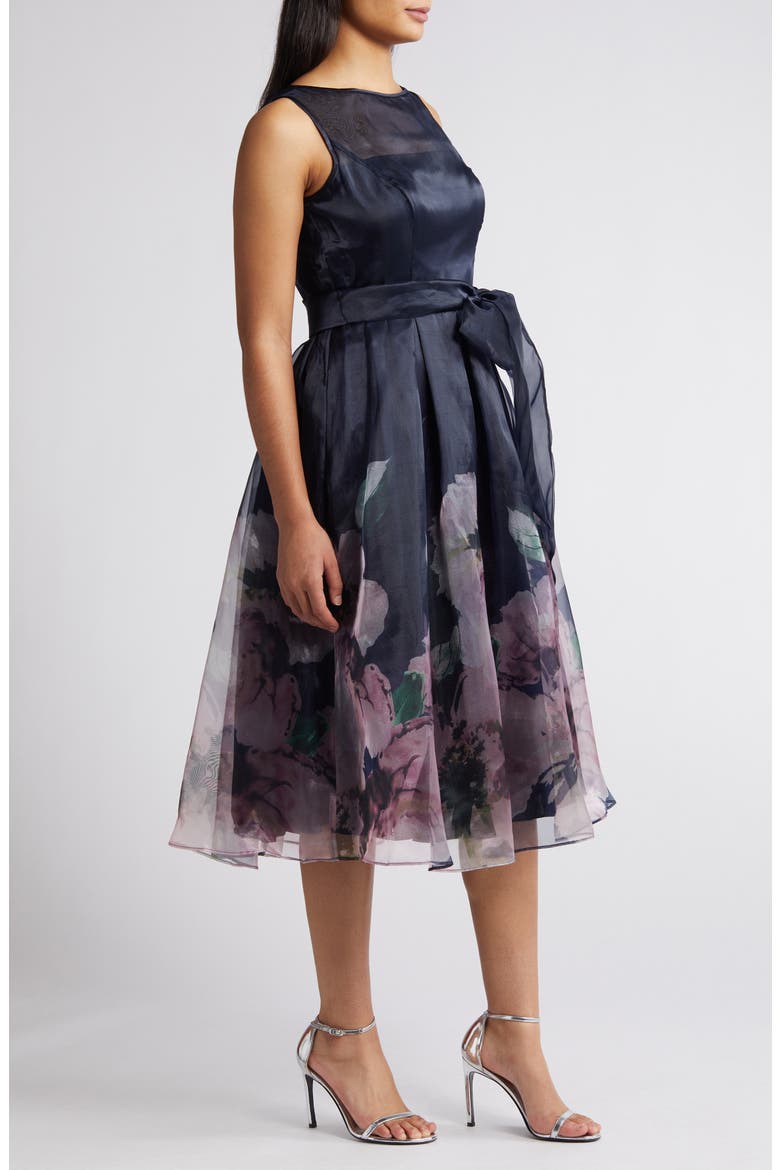 Floral Border Print Cocktail Dress, Alternate, color, NAVY PANSY