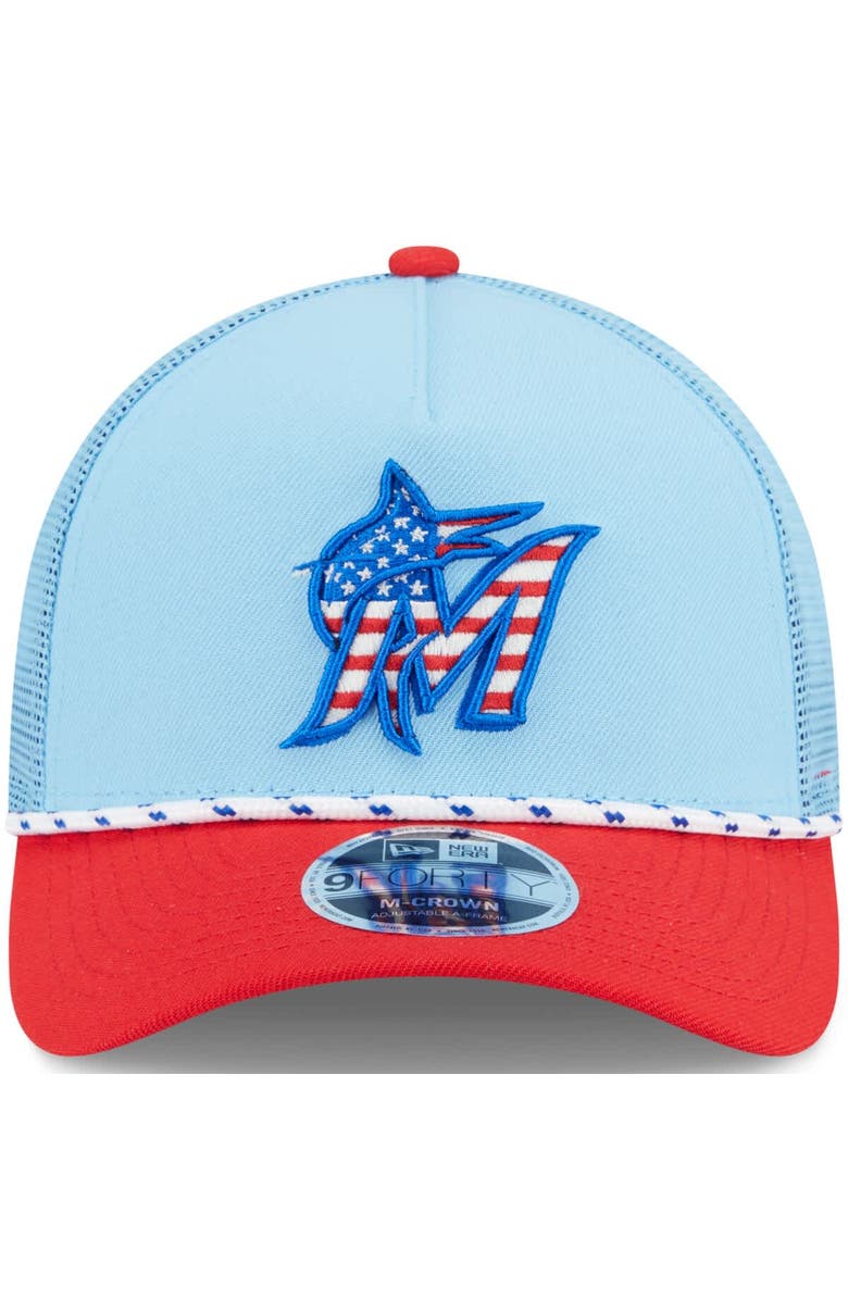 New Era Men's New Era Light Blue/Red Miami Marlins 2025 Fourth of July 9FORTY A-Frame M-Crown Adjustable Trucker Hat, Alternate, color, Light Blue