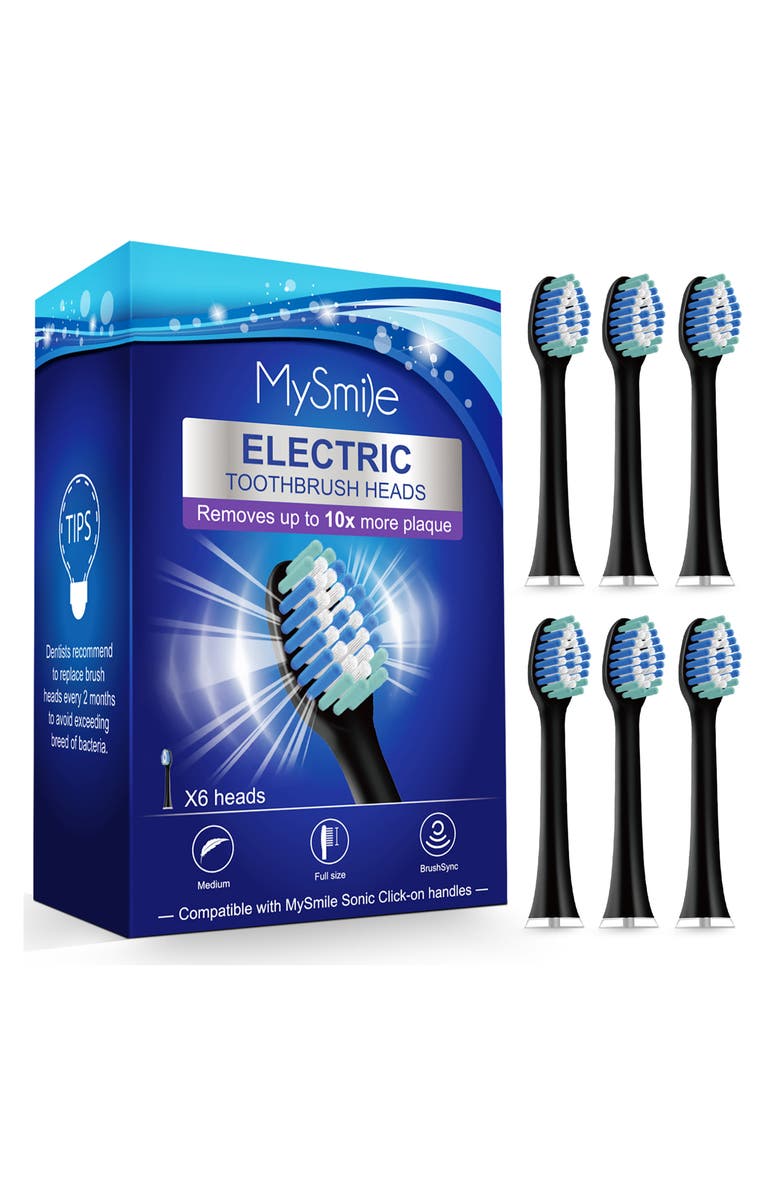 MySmile Electric Toothbrush Replacement Heads, 6 Packs, Main, color, Black