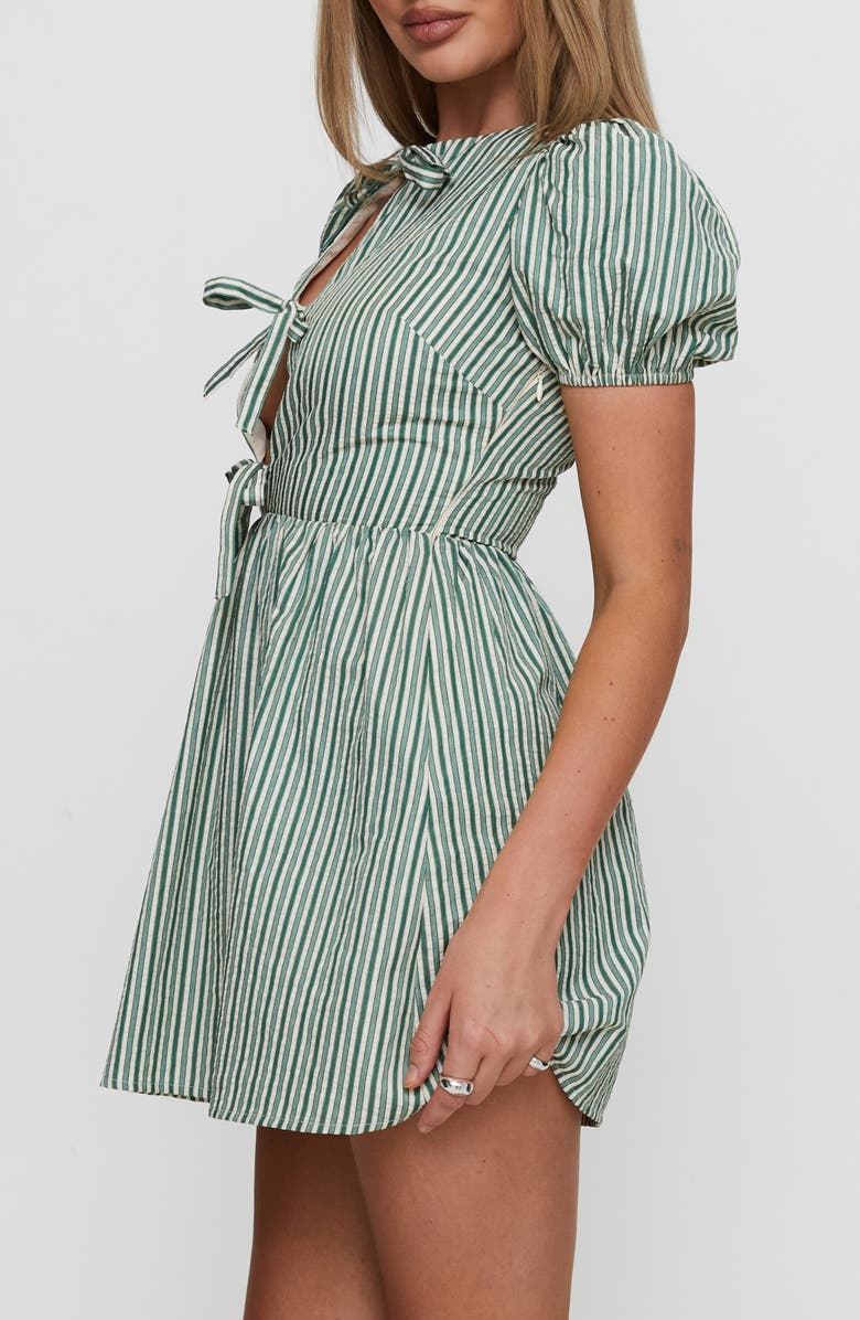 Princess Polly Nurture Tie Front Puff Sleeve Cotton Blend Minidress, Alternate, color, Green Stripe