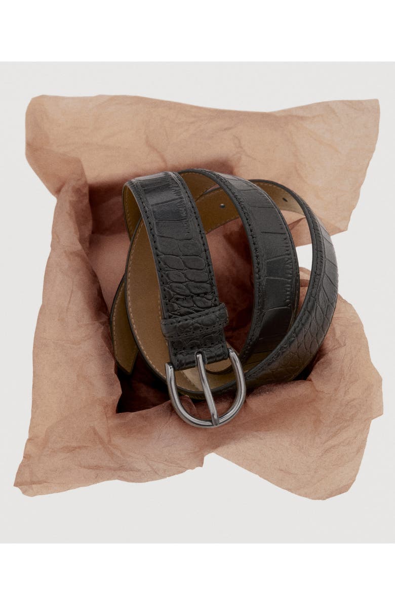 MANGO Croc Embossed Leather Belt, Alternate, color, Black