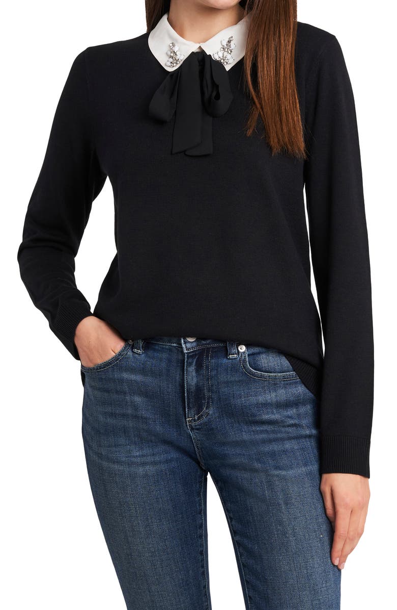 CeCe Rhinestone Collar Bow Neck Cotton Blend Sweater, Main, color,