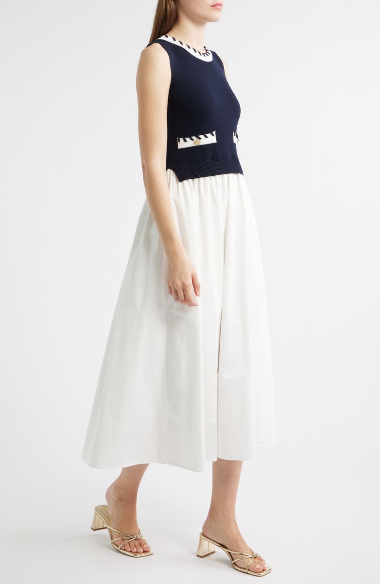 ZOE AND CLAIRE Stitch Piping Mixed Media Midi Dress, Alternate, color, Navy