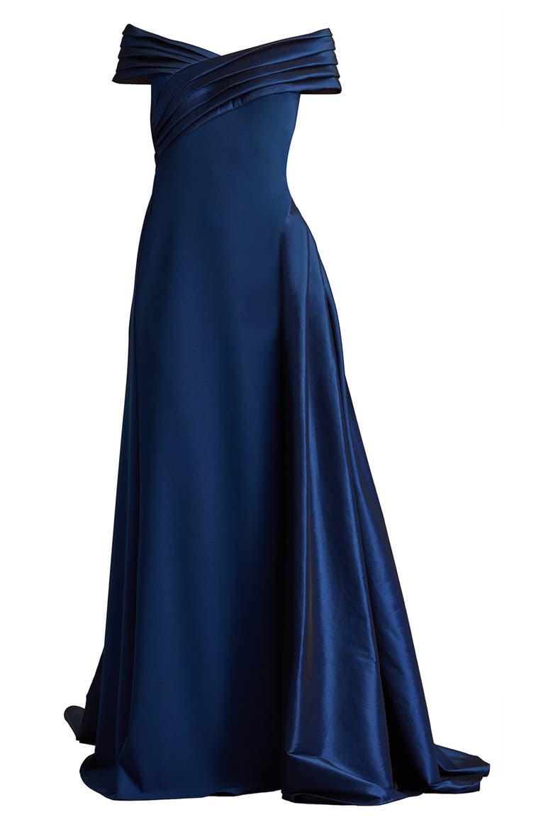 Off the Shoulder Crepe & Taffeta Gown, Alternate, color, NAVY