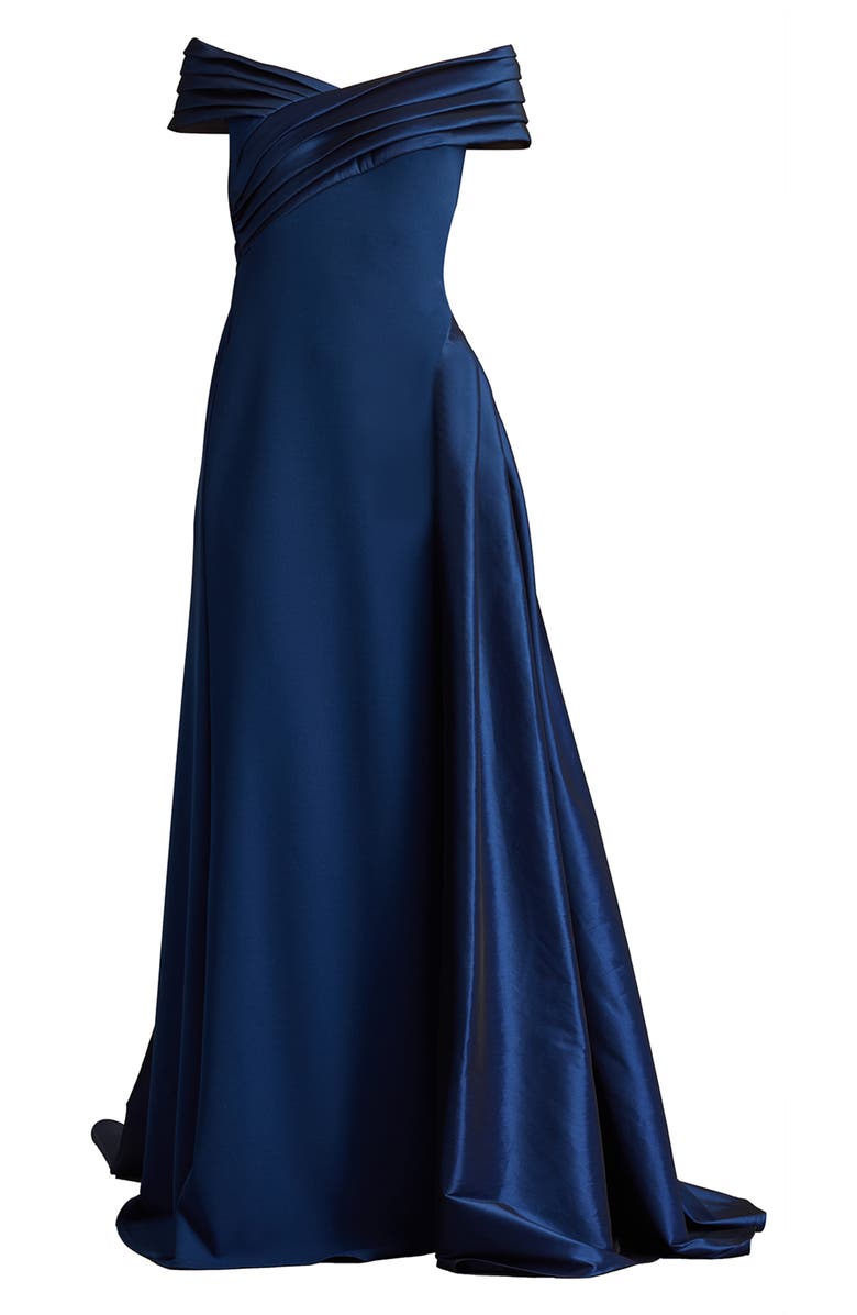 Tadashi Shoji Off the Shoulder Crepe & Taffeta Gown, Alternate, color, Navy