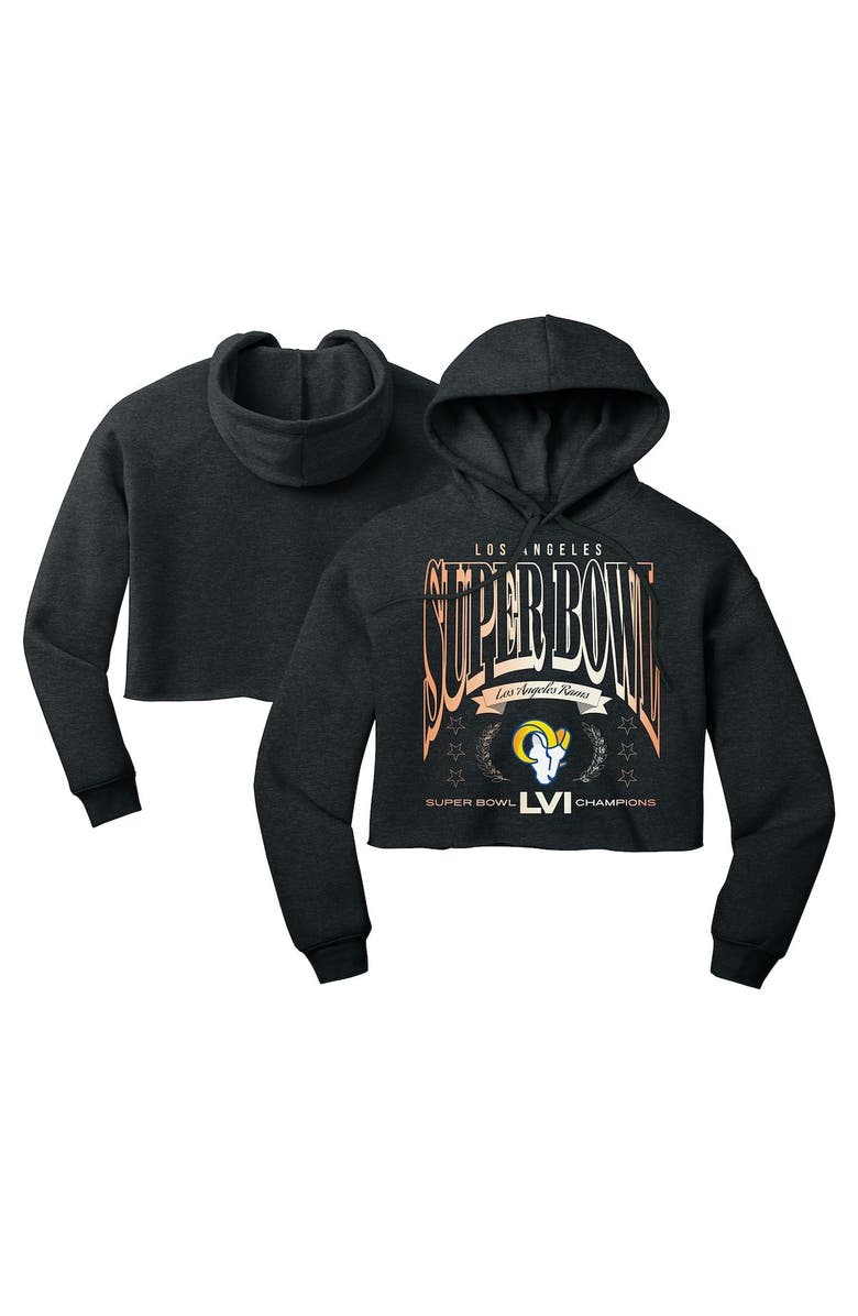 WEAR by Erin Andrews Women's WEAR by Erin Andrews Heathered Charcoal Los Angeles Rams Super Bowl LVI Champions We Are The Champs Cropped Pullover Hoodie, Main, color,