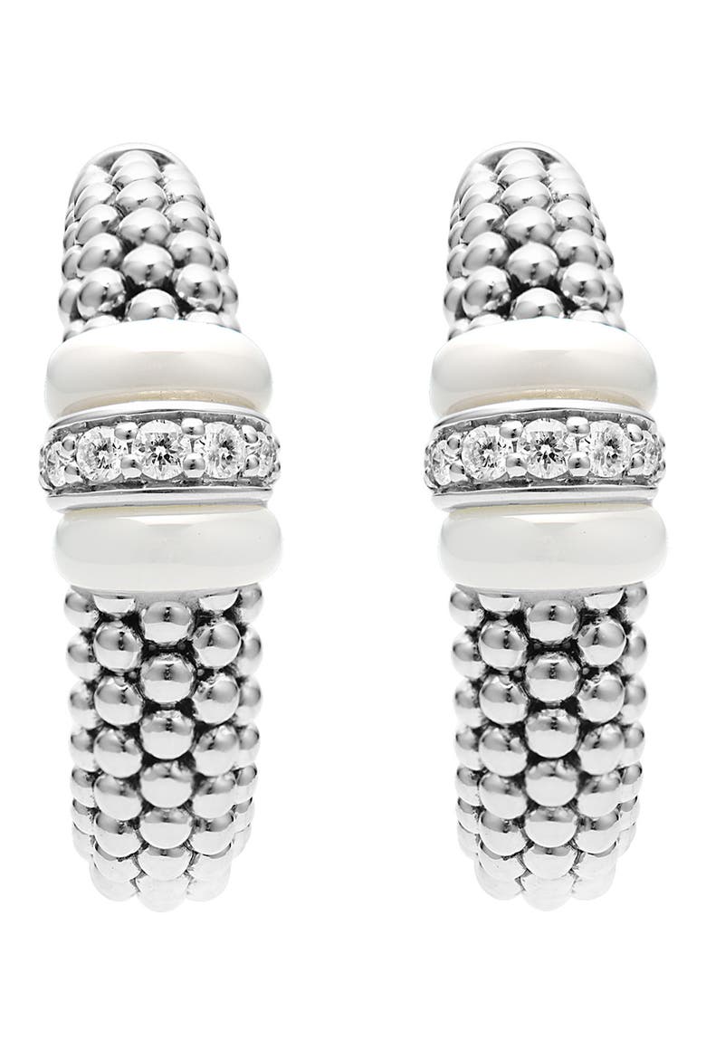 White Caviar Diamond Hoop Earrings, Alternate, color, SILVER/ DIAMOND