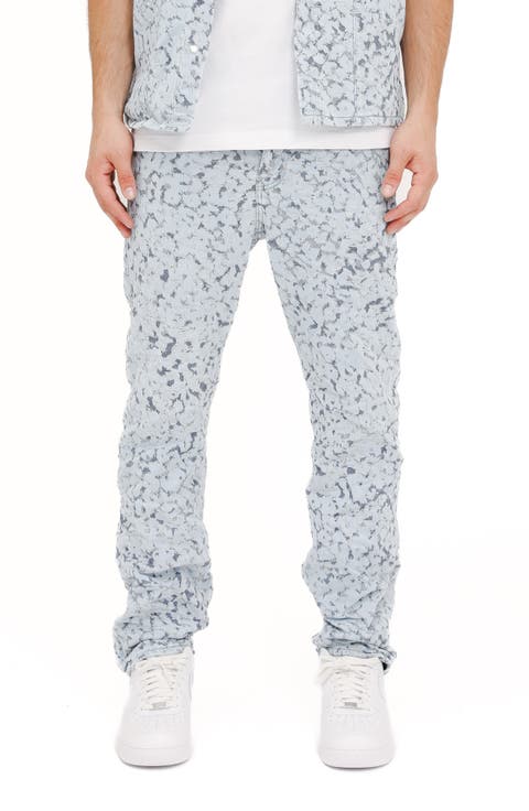 P011 Leopard Jacquard Straight Leg Jeans (Blue)