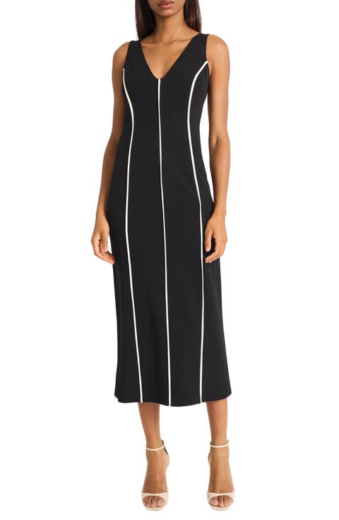 Contrast Piping Sleeveless Midi Dress