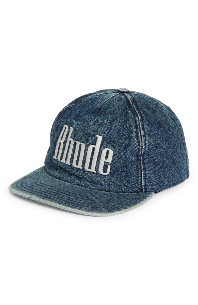 Rhude Embroidered Logo Patch Washed Denim Baseball Cap, Main, color,