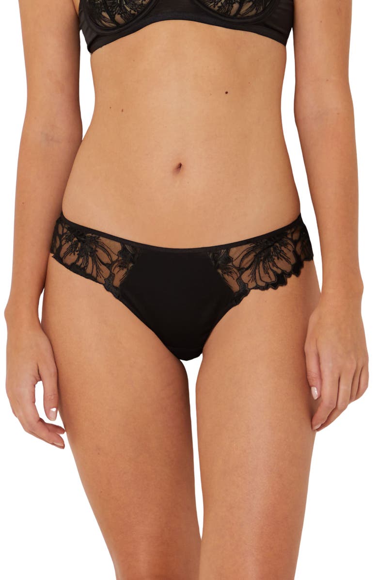Etam Amaryllis Lace & Satin Hipster Panties, Main, color, Black
