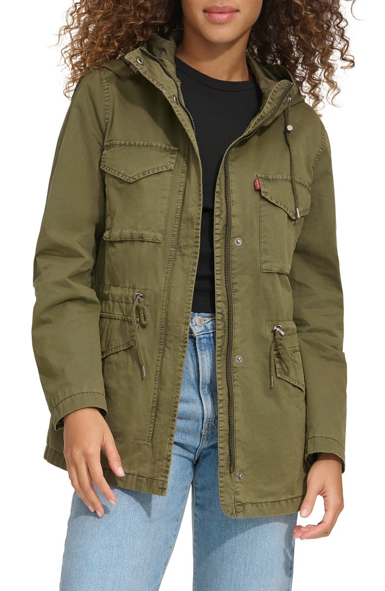 Levi's<sup>®</sup> Military Four-Pocket Zip Hooded Jacket, Main, color, Olive Night