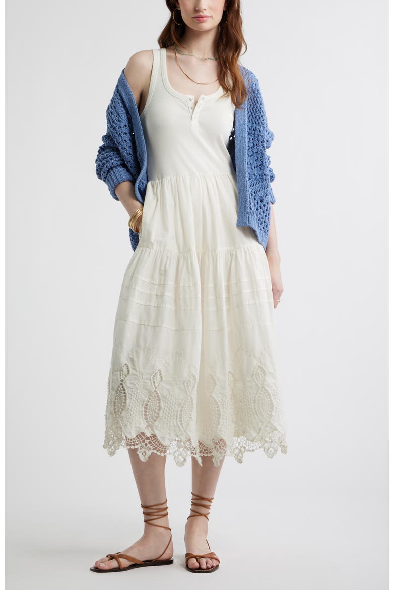 Embroidered Mixed Media Henley Tank Dress, Alternate, color, IVORY EGRET