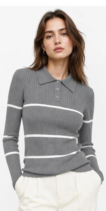 Ribbed Contrast Stripe Polo Sweater