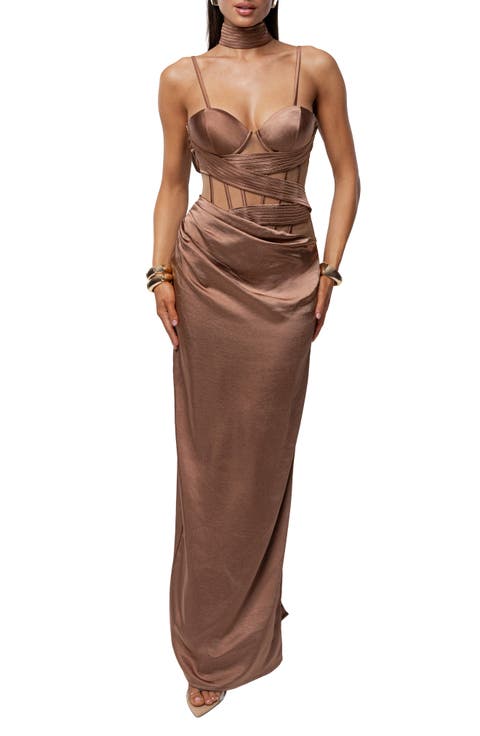 Golden Hour Corset Satin Maxi Cocktail Dress