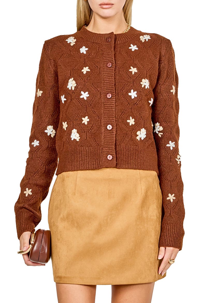 Floral Embroidered Pointelle Cardigan, Main, color, BROWN