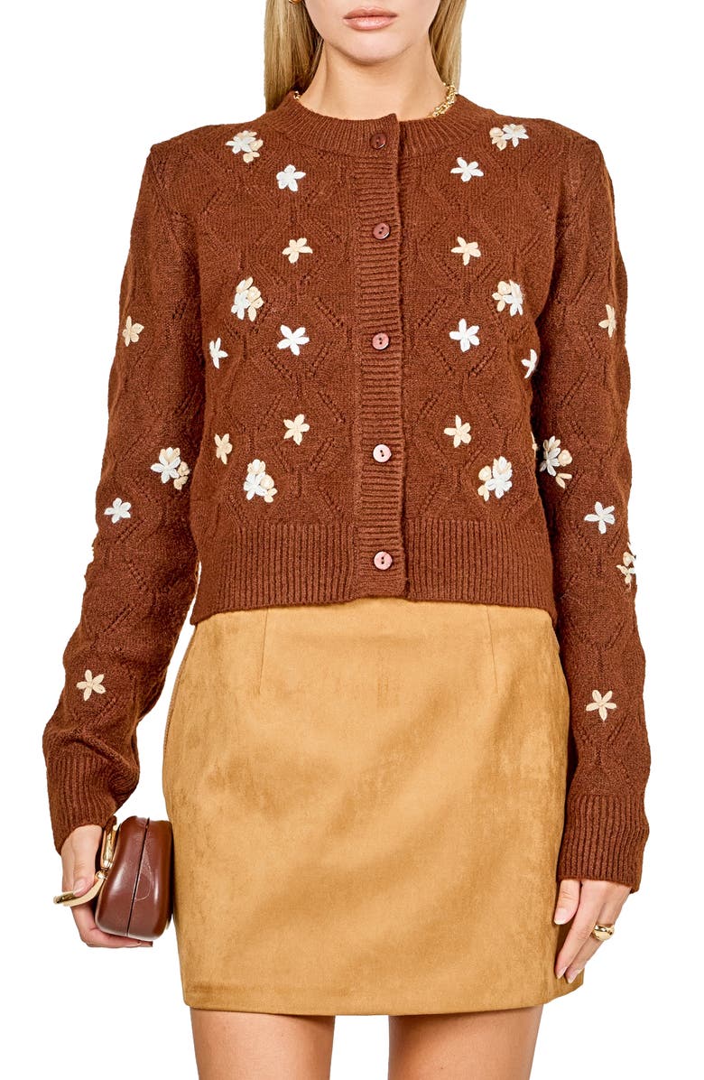 Endless Rose Floral Embroidered Pointelle Cardigan, Main, color, Brown
