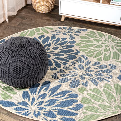 Jonathan Y Zinnia Modern Floral Textured Weave Indoor/outdoor Round Area Rug In Navy/green