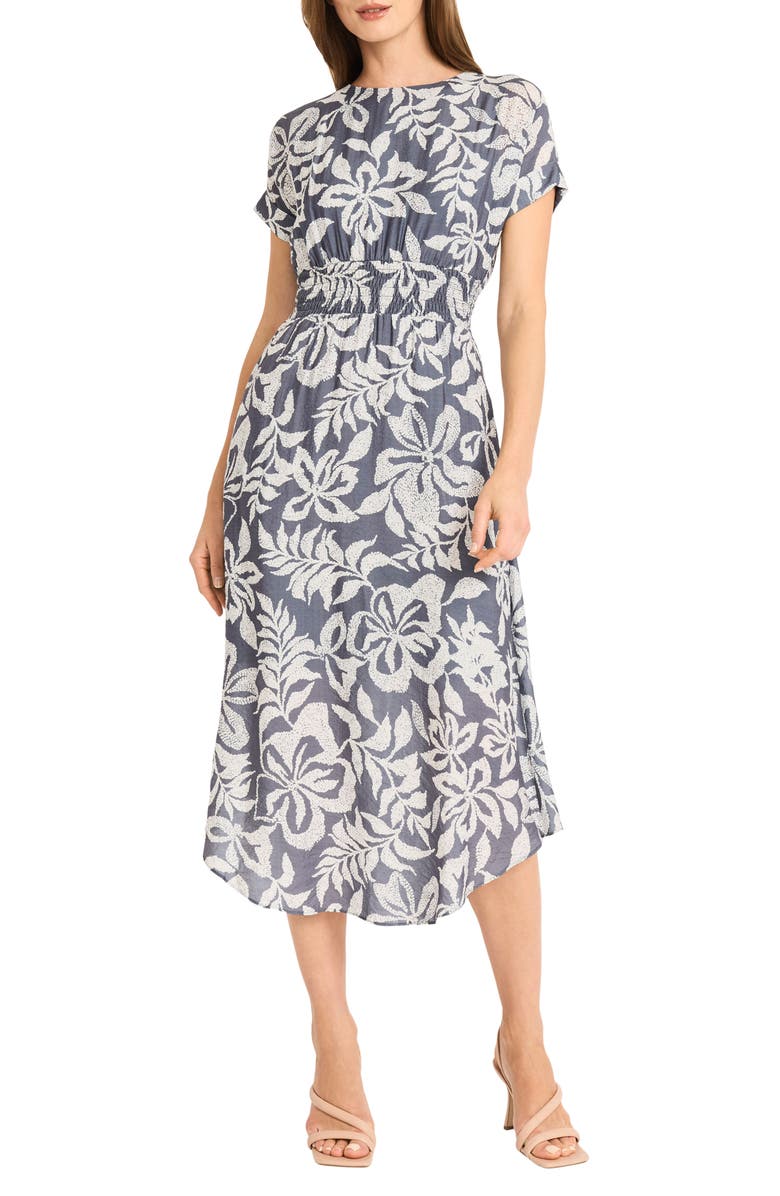 Maggy London Floral Smocked Waist Midi Sundress, Main, color, Slate/ Cream