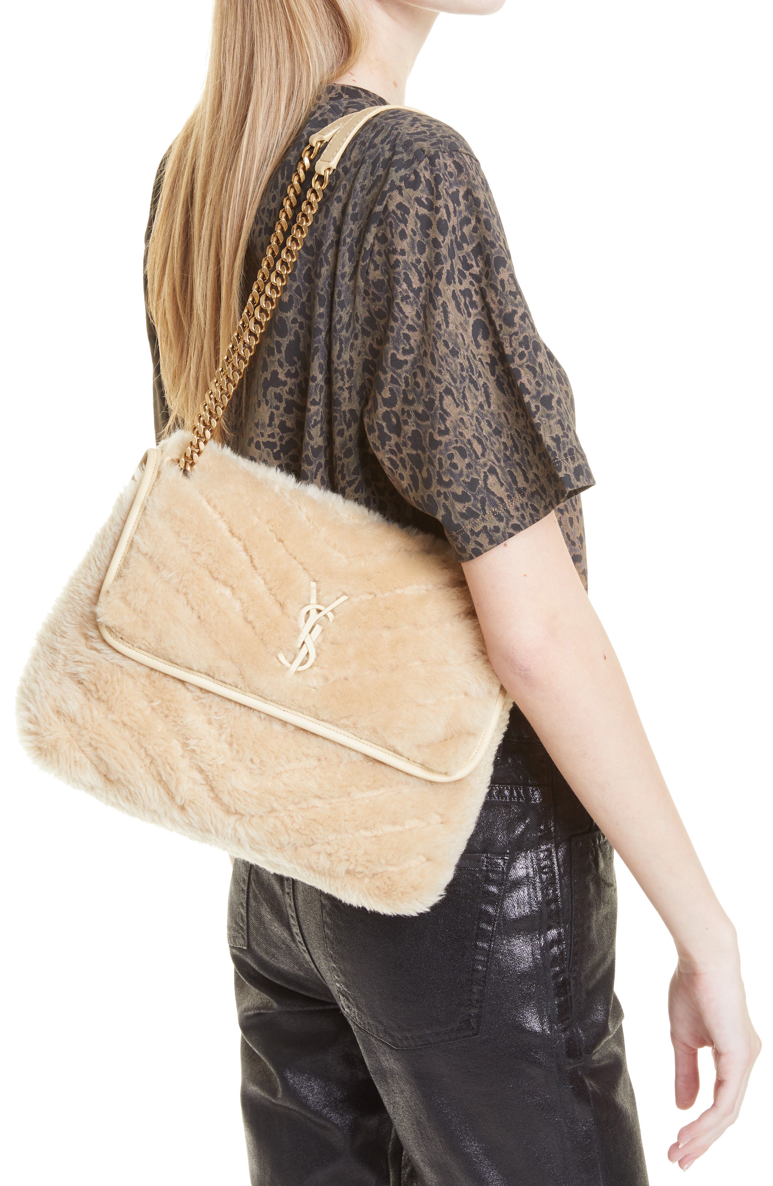 Saint Laurent Medium Niki Genuine Shearling Shoulder Bag, Alternate, color, 