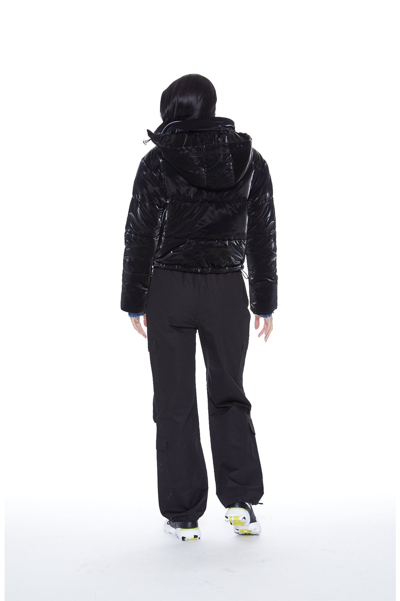 In The Mix Denim Shiny Puffer Jacket, Alternate, color, Black / Denim