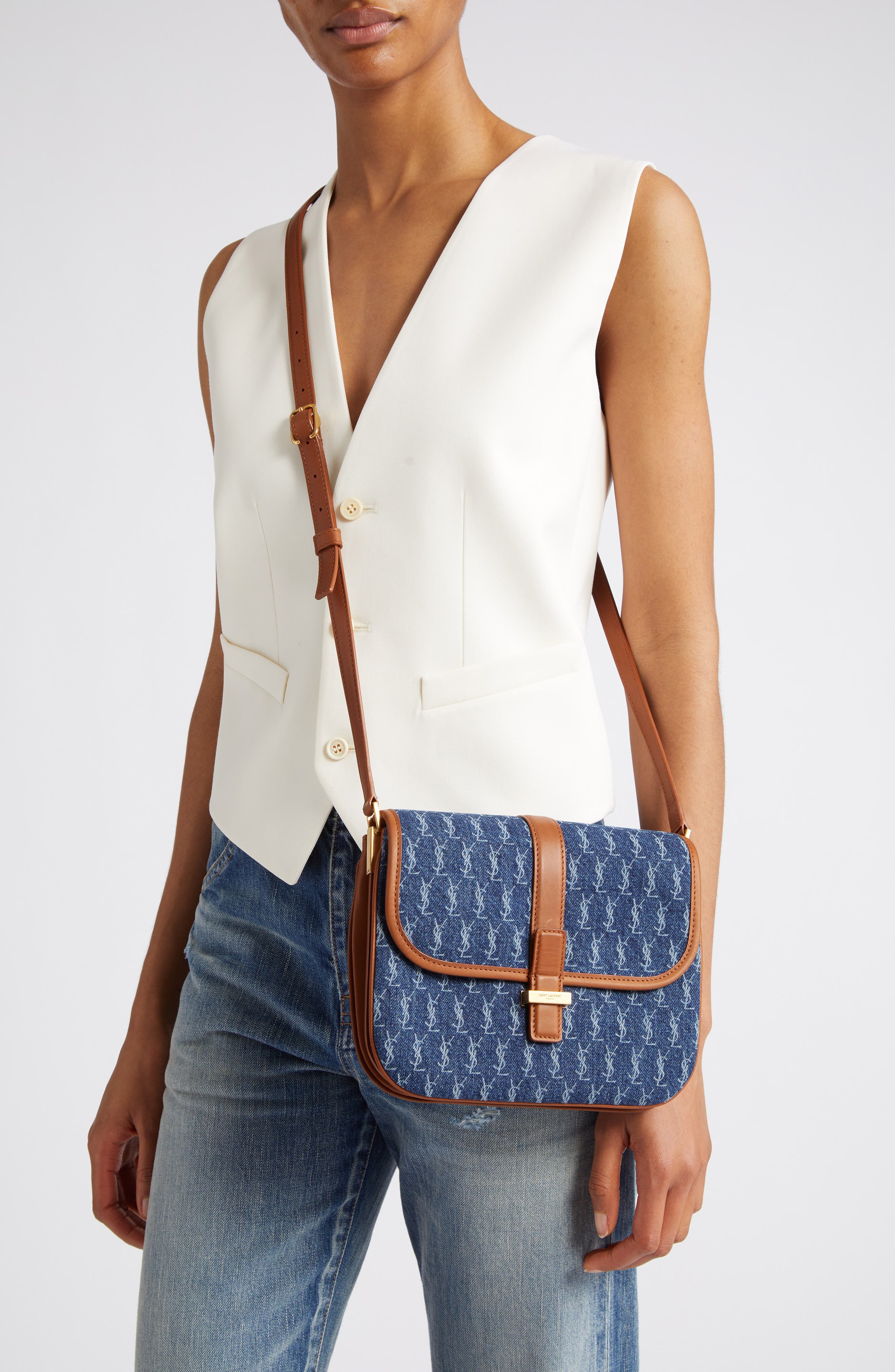 Saint Laurent Small Le Monogramme Denim Shoulder Bag, Alternate, color, 