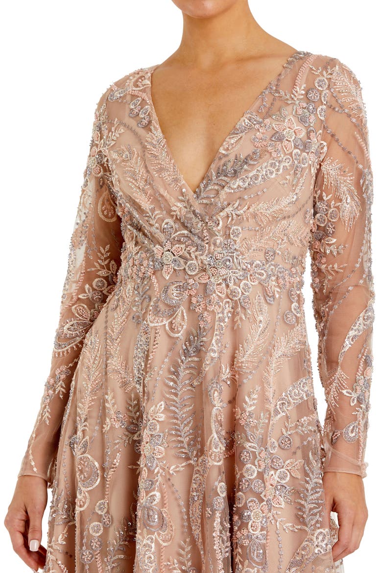Floral Embroidered V-Neck Long Sleeve Midi Dress, Alternate, color, Champagne