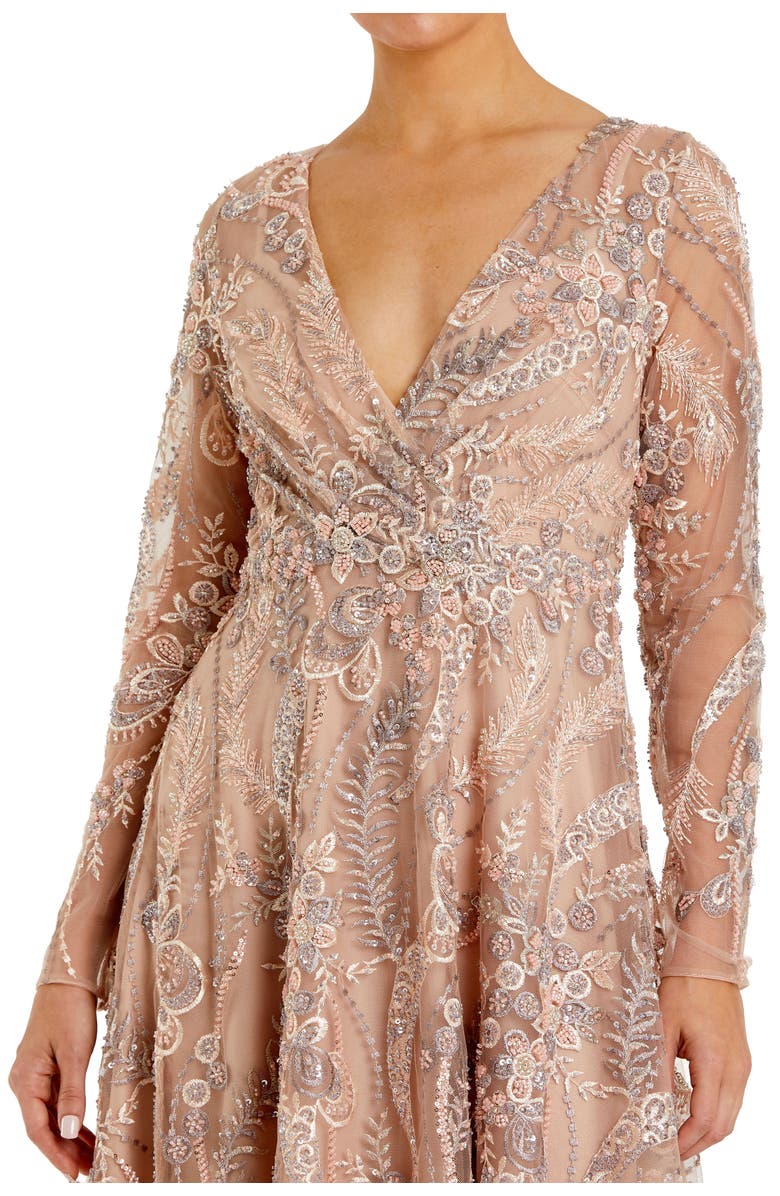 Mac Duggal Floral Embroidered V-Neck Long Sleeve Midi Dress, Alternate, color, Champagne
