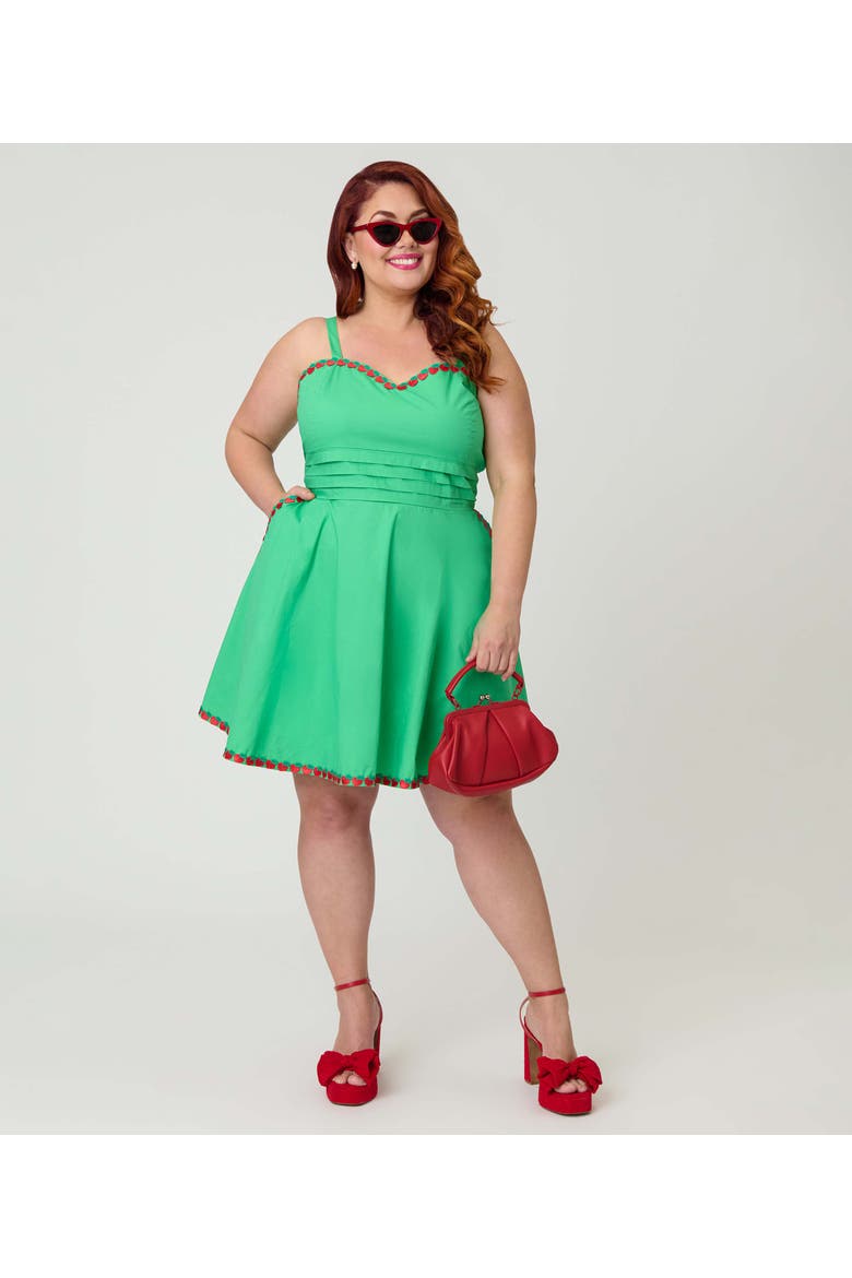 Plus Size 1950s Sleeveless Cotton Flare Dress, Alternate, color, Green w/ Red Apple Embroidery