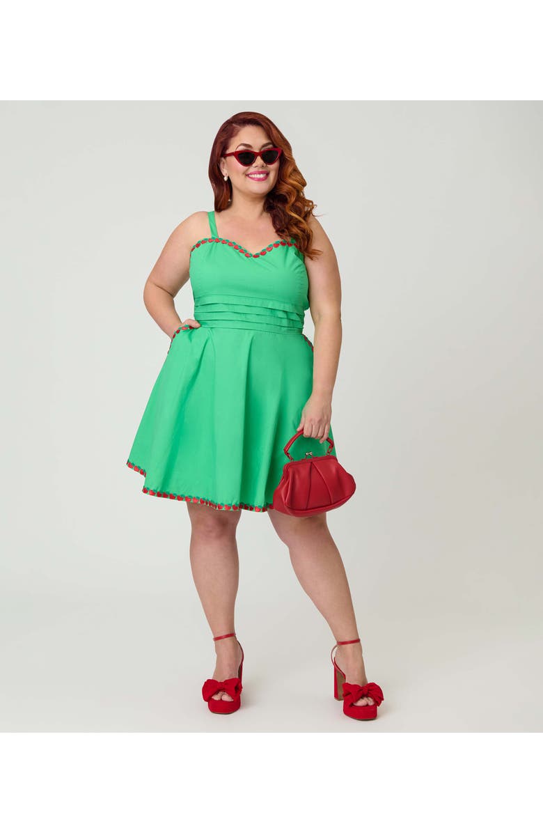 Unique Vintage Plus Size 1950s Sleeveless Cotton Flare Dress, Alternate, color, Green W/ Red Apple Embroidery