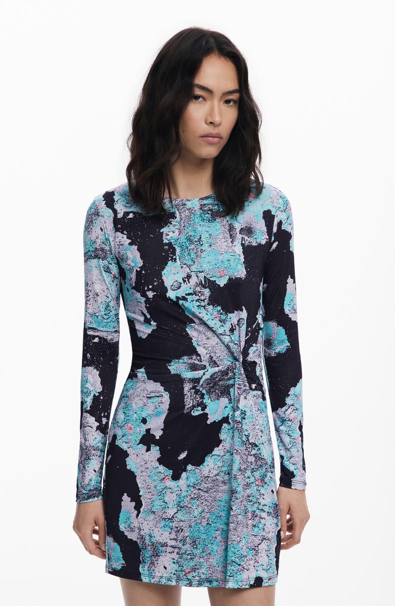Desigual Lacroix Print Long Sleeve Twist Detail Minidress, Alternate, color, Green Blue