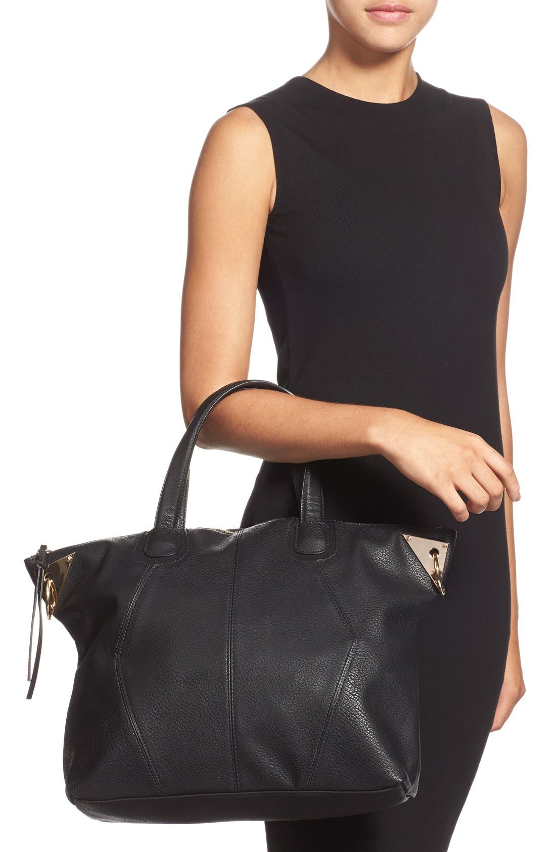 Dolce Girl Metal Accent Faux Leather Satchel, Alternate, color, BLACK