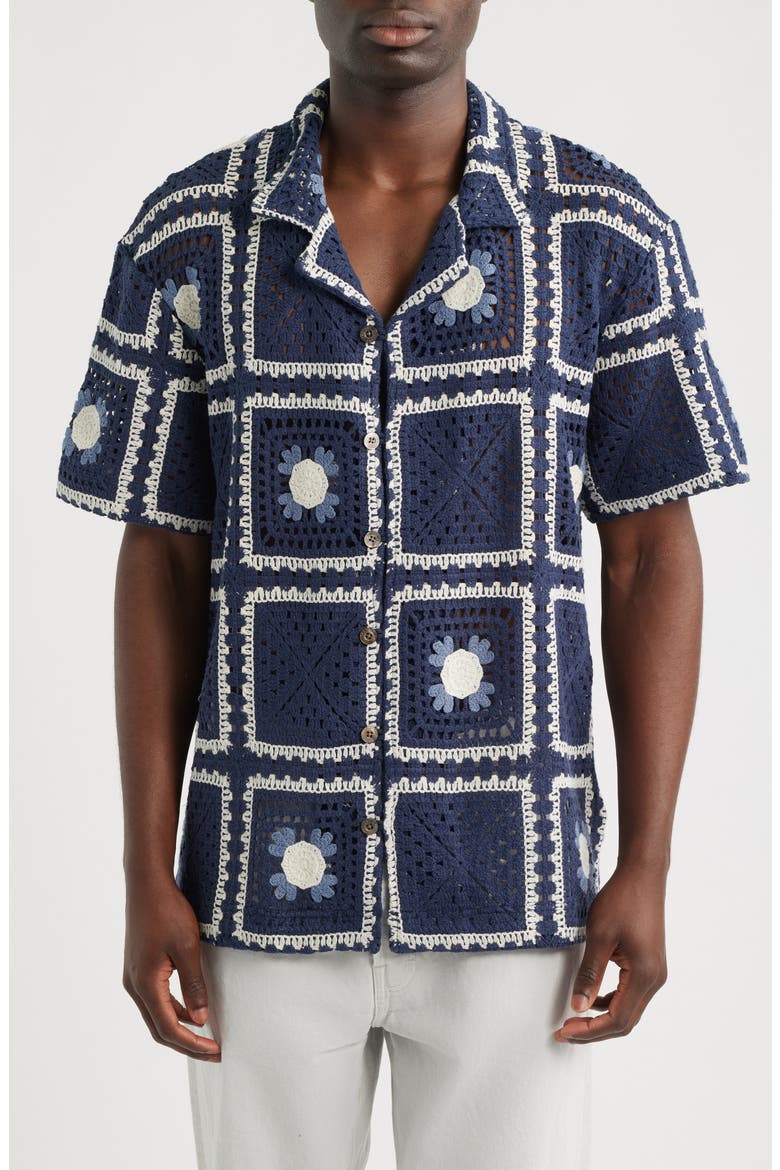Tejer Crochet Camp Shirt, Main, color, NAVY