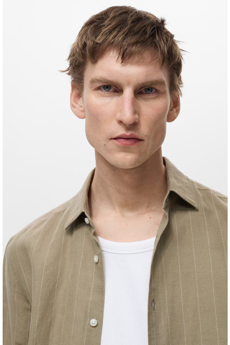 Regular Fit Stripe Linen & Cotton Button-Up Shirt, Alternate, color, KHAKI