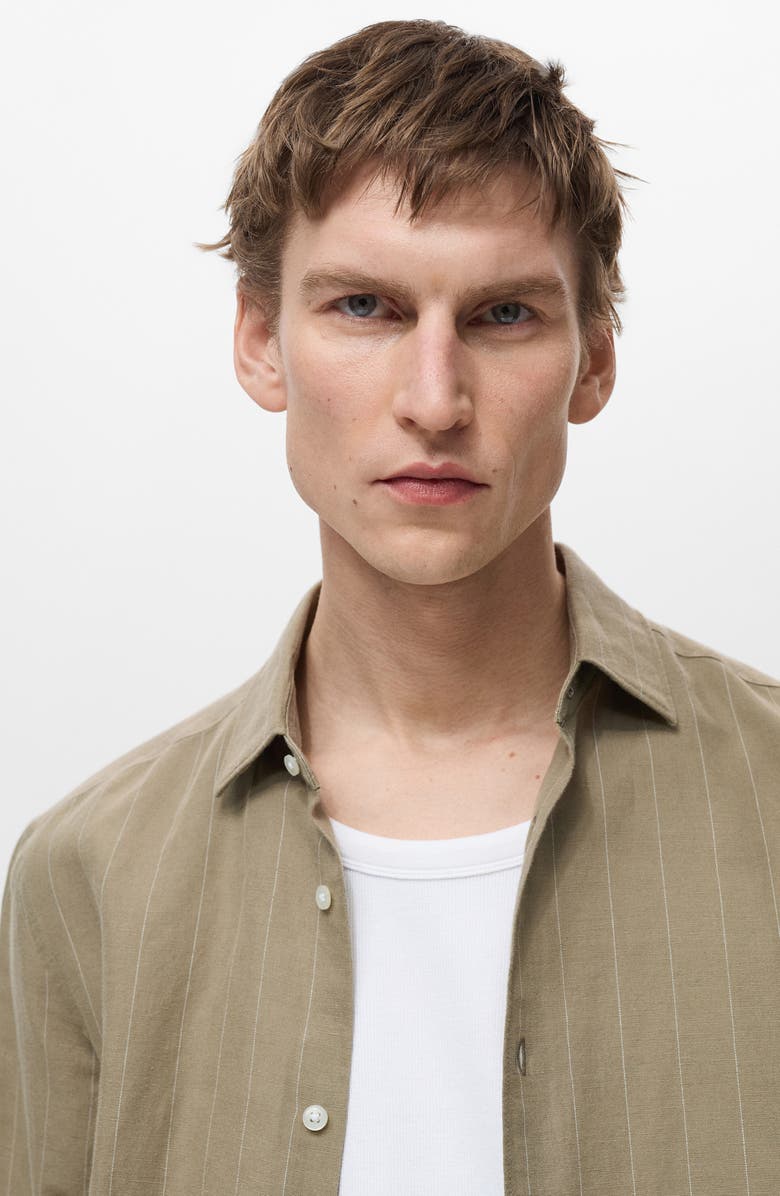 MANGO Regular Fit Stripe Linen & Cotton Button-Up Shirt, Alternate, color, Khaki